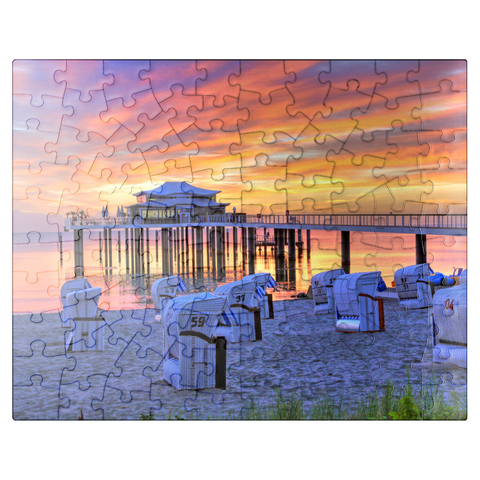 puzzleplate Beach with beach chairs and pier with Mikado teahouse in morning light 100 Jigsaw Puzzle