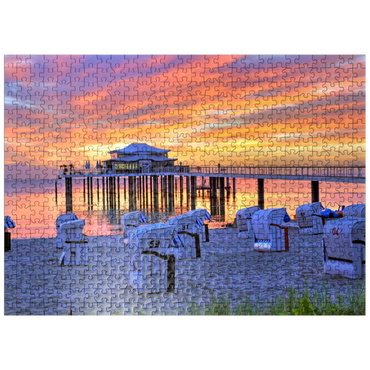 puzzleplate Beach with beach chairs and pier with Mikado teahouse in morning light 500 Jigsaw Puzzle