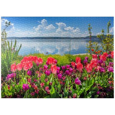 puzzleplate Lake promenade in Überlingen on Lake Constance in springtime for tulips blossom 1000 Jigsaw Puzzle