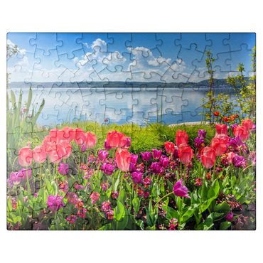 puzzleplate Lake promenade in Überlingen on Lake Constance in springtime for tulips blossom 100 Jigsaw Puzzle
