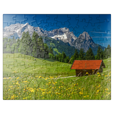 puzzleplate At the Gschwandtnerbauer (1020m) against Zugspitzgruppe (2962m), Garmisch-Partenkirchen 100 Jigsaw Puzzle