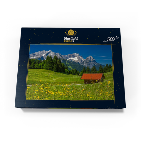 At the Gschwandtnerbauer (1020m) against Zugspitzgruppe (2962m), Garmisch-Partenkirchen 500 Jigsaw Puzzle box view1