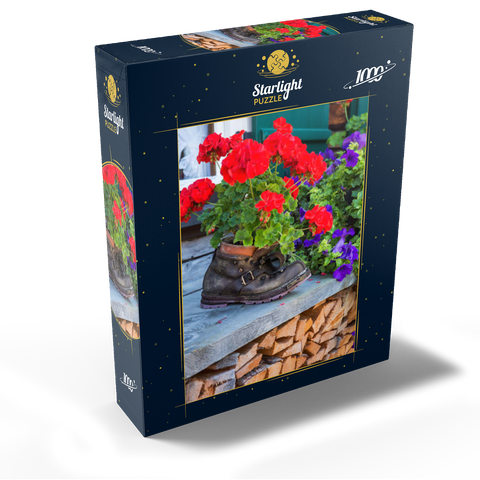 Old hiking boot with geraniums in Oberstdorf 1000 Jigsaw Puzzle box view1
