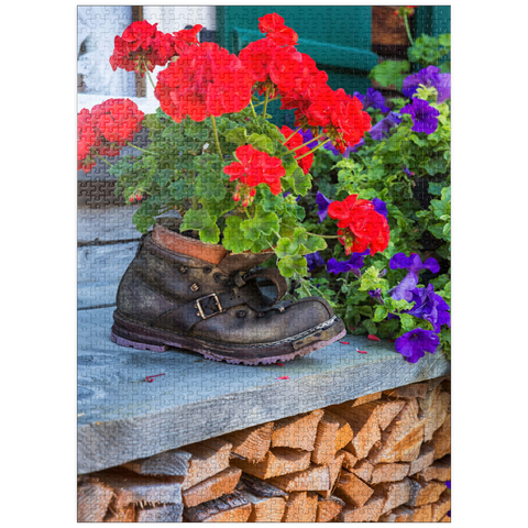 puzzleplate Old hiking boot with geraniums in Oberstdorf 1000 Jigsaw Puzzle