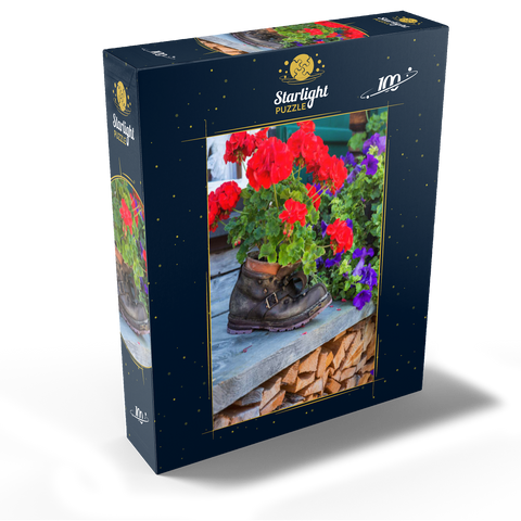 Old hiking boot with geraniums in Oberstdorf 100 Jigsaw Puzzle box view1