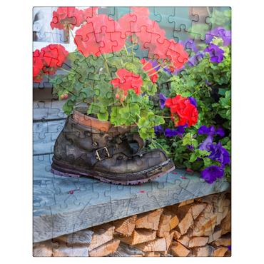 puzzleplate Old hiking boot with geraniums in Oberstdorf 100 Jigsaw Puzzle