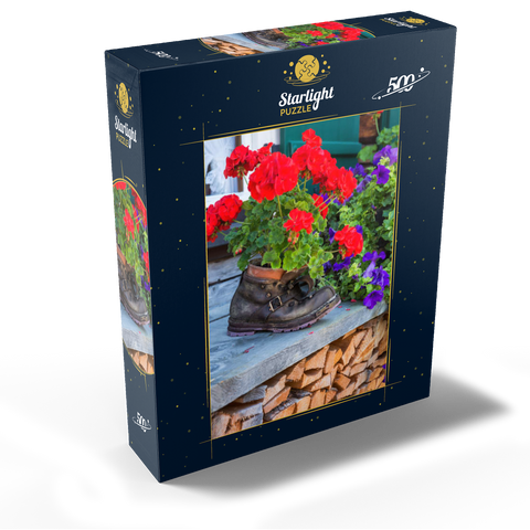 Old hiking boot with geraniums in Oberstdorf 500 Jigsaw Puzzle box view1