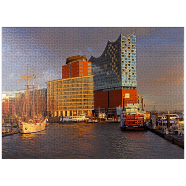 puzzleplate Ship pier at the Überseebrücke with view over the Elbe to the Elbphilharmonie in the HafenCity, Hamburg, Germany 1000 Jigsaw Puzzle