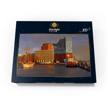 Ship pier at the Überseebrücke with view over the Elbe to the Elbphilharmonie in the HafenCity, Hamburg, Germany 100 Jigsaw Puzzle box view1