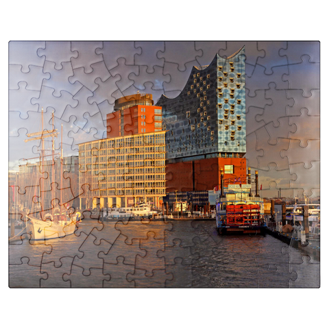puzzleplate Ship pier at the Überseebrücke with view over the Elbe to the Elbphilharmonie in the HafenCity, Hamburg, Germany 100 Jigsaw Puzzle