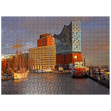 puzzleplate Ship pier at the Überseebrücke with view over the Elbe to the Elbphilharmonie in the HafenCity, Hamburg, Germany 500 Jigsaw Puzzle