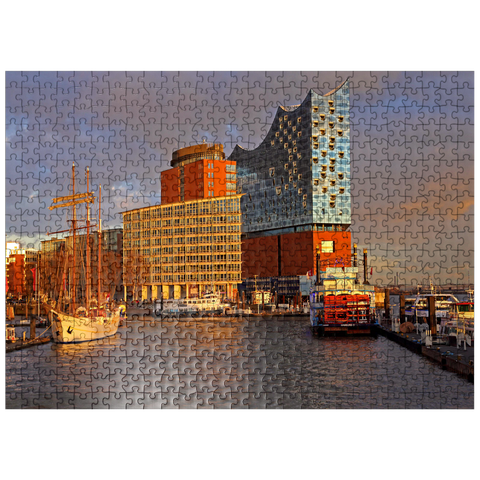 puzzleplate Ship pier at the Überseebrücke with view over the Elbe to the Elbphilharmonie in the HafenCity, Hamburg, Germany 500 Jigsaw Puzzle