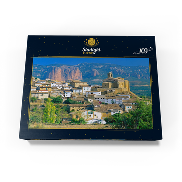 Mountain village Murillo de Gallego against Los Mallos de Riglos in the Sierra de Loarre 100 Jigsaw Puzzle box view1