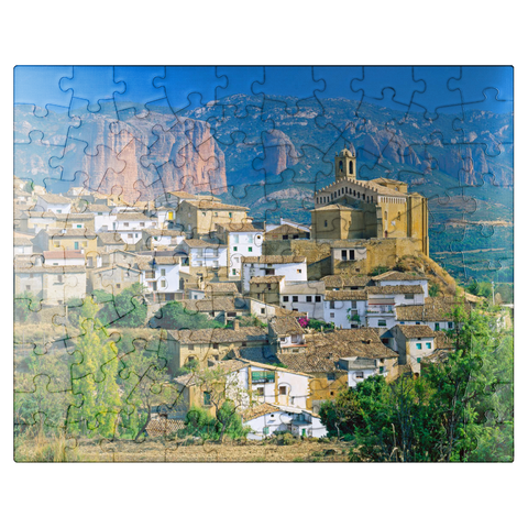 puzzleplate Mountain village Murillo de Gallego against Los Mallos de Riglos in the Sierra de Loarre 100 Jigsaw Puzzle