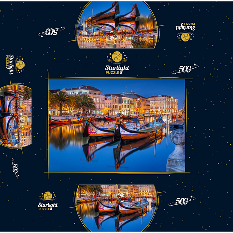 Boats of the moliceiros, former seaweed fishermen on the canal in the university town of Aveiro 500 Jigsaw Puzzle box 3D Modell
