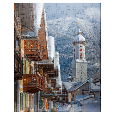 puzzleplate Sun street with church St. Martin in the district of Garmisch against Wank (1780m), Garmisch-Partenkirchen 100 Jigsaw Puzzle
