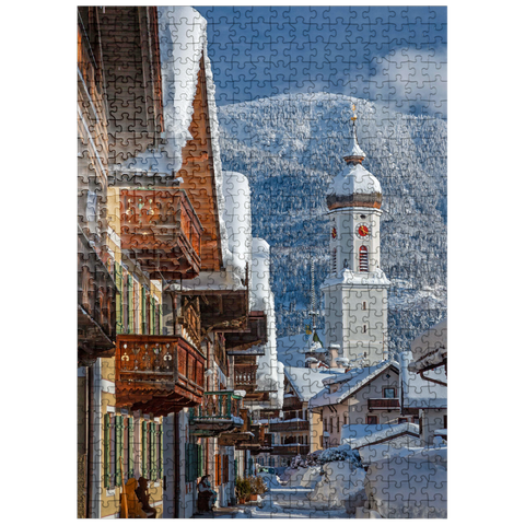 puzzleplate Sun street with church St. Martin in the district of Garmisch against Wank (1780m), Garmisch-Partenkirchen 500 Jigsaw Puzzle