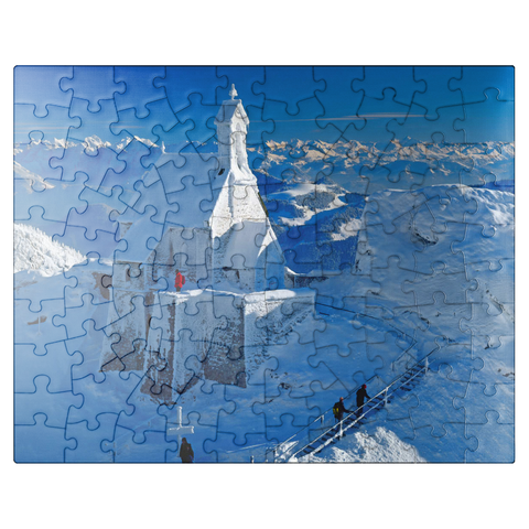 puzzleplate Wendelsteinkircherl on the Wendelstein (1838m) near Bayrischzell against Kaiser Mountains 100 Jigsaw Puzzle