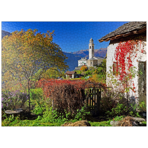 puzzleplate View to the village church in the mountain village Soglio, Bregaglia in Bergell valley, Engadin, canton Graubünden, Switzerland 1000 Jigsaw Puzzle