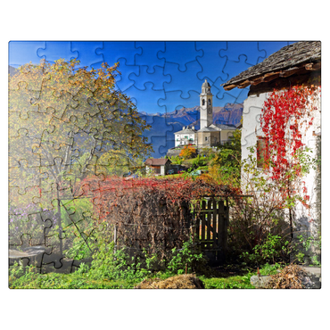 puzzleplate View to the village church in the mountain village Soglio, Bregaglia in Bergell valley, Engadin, canton Graubünden, Switzerland 100 Jigsaw Puzzle