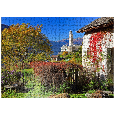 puzzleplate View to the village church in the mountain village Soglio, Bregaglia in Bergell valley, Engadin, canton Graubünden, Switzerland 500 Jigsaw Puzzle