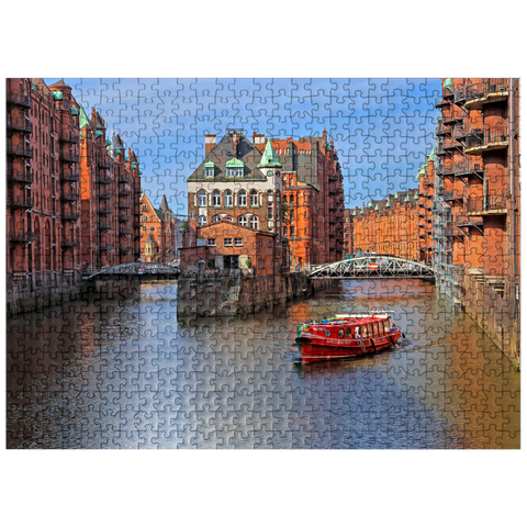 puzzleplate Moated castle between Holländischbrookfleet and Wandrahmsfleet in Speicherstadt, Hamburg 500 Jigsaw Puzzle