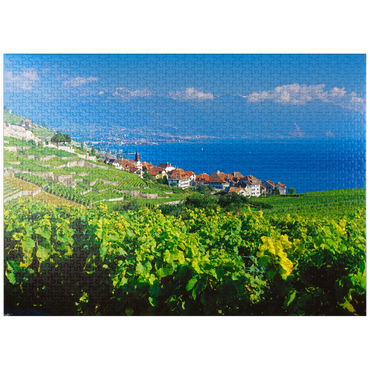 puzzleplate Wine village Rivaz on Lake Geneva against Montreux mountains, Lavaux-Oron, Canton Vaud, Switzerland 1000 Jigsaw Puzzle