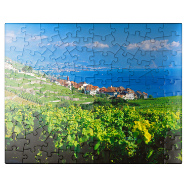 puzzleplate Wine village Rivaz on Lake Geneva against Montreux mountains, Lavaux-Oron, Canton Vaud, Switzerland 100 Jigsaw Puzzle