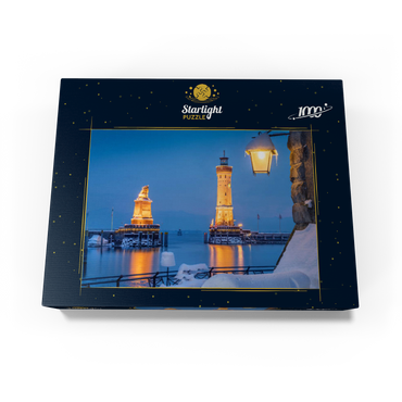 Harbour entrance with lighthouse and lion statue on a winter evening, Lindau 1000 Jigsaw Puzzle box view1