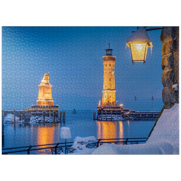 puzzleplate Harbour entrance with lighthouse and lion statue on a winter evening, Lindau 1000 Jigsaw Puzzle