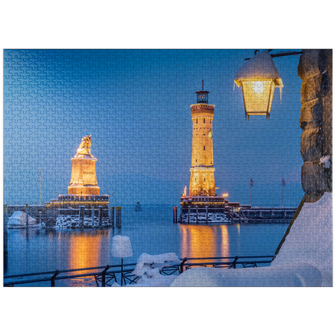 puzzleplate Harbour entrance with lighthouse and lion statue on a winter evening, Lindau 1000 Jigsaw Puzzle