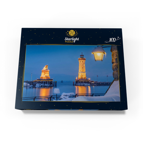 Harbour entrance with lighthouse and lion statue on a winter evening, Lindau 100 Jigsaw Puzzle box view1