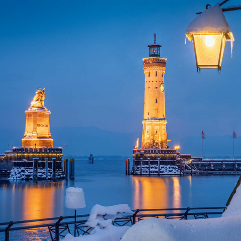 Harbour entrance with lighthouse and lion statue on a winter evening, Lindau 100 Jigsaw Puzzle 3D Modell