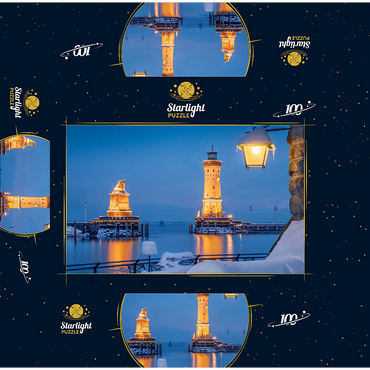 Harbour entrance with lighthouse and lion statue on a winter evening, Lindau 100 Jigsaw Puzzle box 3D Modell