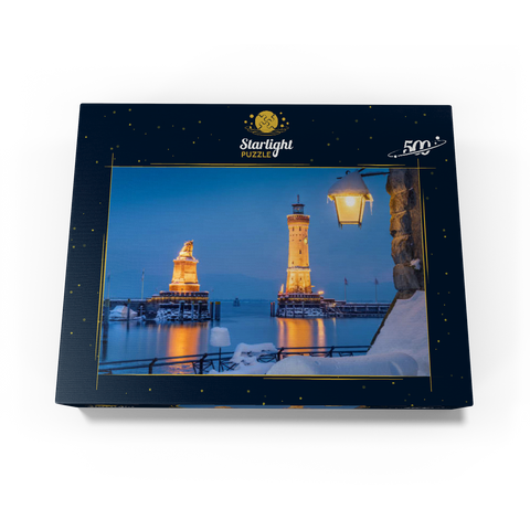 Harbour entrance with lighthouse and lion statue on a winter evening, Lindau 500 Jigsaw Puzzle box view1