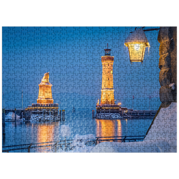 puzzleplate Harbour entrance with lighthouse and lion statue on a winter evening, Lindau 500 Jigsaw Puzzle