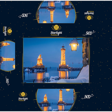 Harbour entrance with lighthouse and lion statue on a winter evening, Lindau 500 Jigsaw Puzzle box 3D Modell