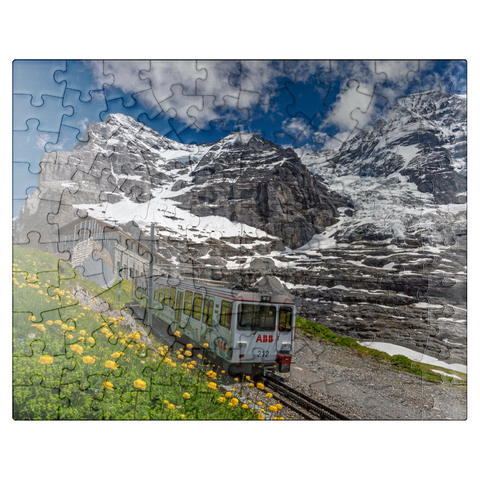 puzzleplate Jungfrau Railway at the station Eiger Glacier (2320m) against Eiger (3970m) and Mönch (4107m) 100 Jigsaw Puzzle
