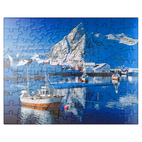 puzzleplate Sakrisoy harbor near Reine with Olstinden (674m) 100 Jigsaw Puzzle