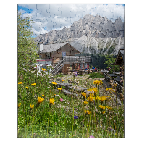 puzzleplate Schatzerhütte (2004m) against Aferer Geisler, Plose, Bressanone, Dolomites, Trentino-Alto Adige, Italy 100 Jigsaw Puzzle