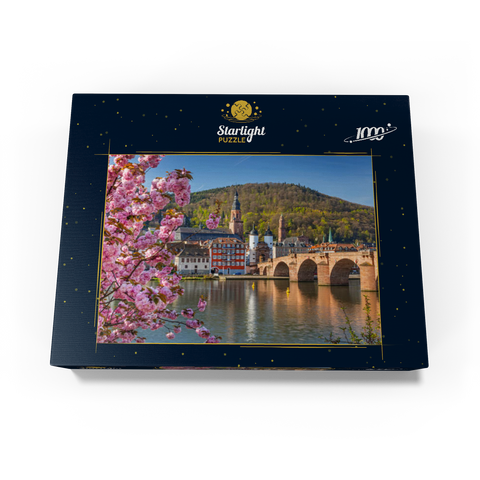 Japanese ornamental cherry on Neckar river bank with view to Heidelberg Old Town and Old Bridge 1000 Jigsaw Puzzle box view1