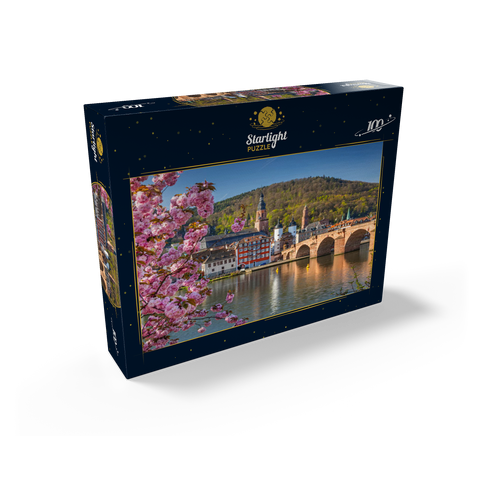 Japanese ornamental cherry on Neckar river bank with view to Heidelberg Old Town and Old Bridge 100 Jigsaw Puzzle box view1