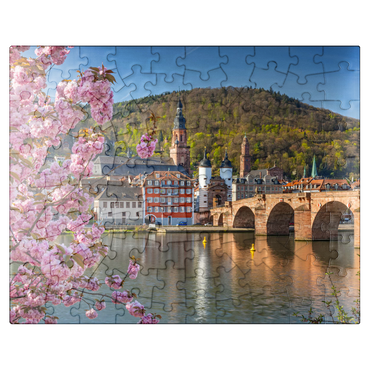 puzzleplate Japanese ornamental cherry on Neckar river bank with view to Heidelberg Old Town and Old Bridge 100 Jigsaw Puzzle
