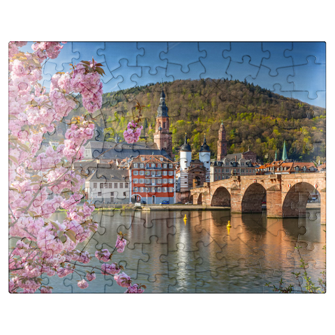puzzleplate Japanese ornamental cherry on Neckar river bank with view to Heidelberg Old Town and Old Bridge 100 Jigsaw Puzzle