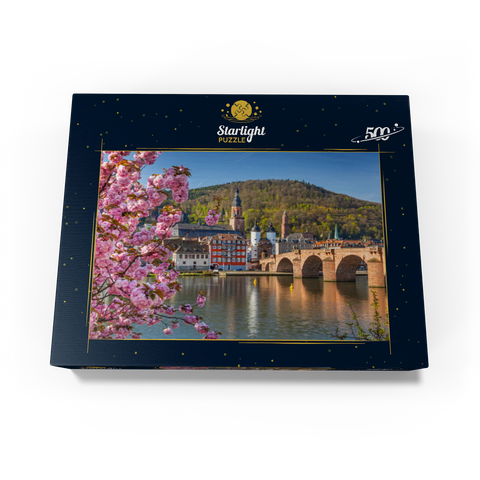 Japanese ornamental cherry on Neckar river bank with view to Heidelberg Old Town and Old Bridge 500 Jigsaw Puzzle box view1