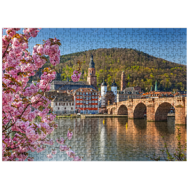 puzzleplate Japanese ornamental cherry on Neckar river bank with view to Heidelberg Old Town and Old Bridge 500 Jigsaw Puzzle