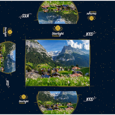 Mountain village Grindelwald against Fiescherhorn (4049m) and Eiger (3970m), Bernese Oberland 1000 Jigsaw Puzzle box 3D Modell