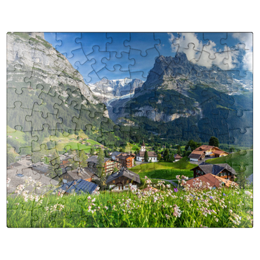 puzzleplate Mountain village Grindelwald against Fiescherhorn (4049m) and Eiger (3970m), Bernese Oberland 100 Jigsaw Puzzle
