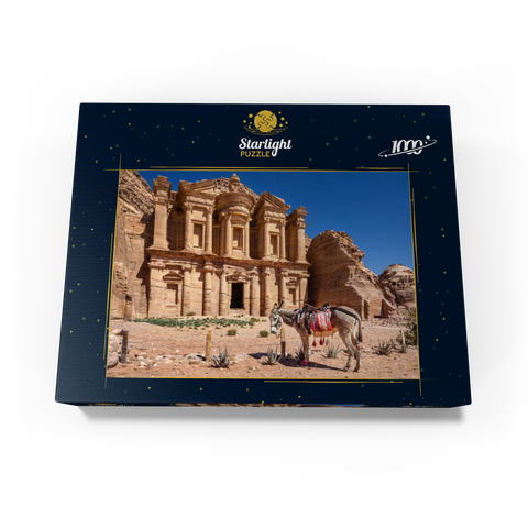 Donkey in front of the Monastery Ad-Deir (Al-Deir, El-Deir, Ed-Deir), ancient rock city of Petra, Jordan 1000 Jigsaw Puzzle box view1