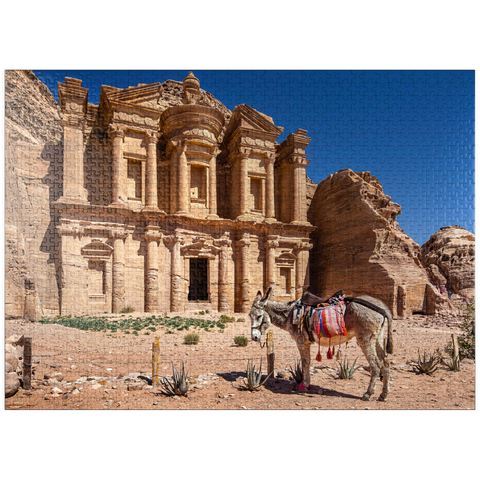 puzzleplate Donkey in front of the Monastery Ad-Deir (Al-Deir, El-Deir, Ed-Deir), ancient rock city of Petra, Jordan 1000 Jigsaw Puzzle